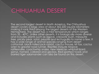 The second largest desert in North America, the Chihuahua
desert covers a large area of about 362,600 square kilometers;
making it rank third among the largest deserts of the Western
Hemisphere. The desert has a mild temperature which ranges
from 35 - 400C. Unlike other deserts, it is biologically more diverse
and includes plants such as agave, creosote bush, mesquite
tree, prickly pear, sotol, peyote and lechuguilla to name a few. It
has a wide range of animal species ranging from desert
cottontail, black-tailed jack rabbit, cactus mouse, kit fox, cactus
wren to greater road runner. Reptiles include Mojave
rattlesnake, coachwhip snake, new Mexican whiptail lizard,
spinys, horned, collared and geckos. Red-spotted toads and
barred tiger salamander can also be found on this desert.
 