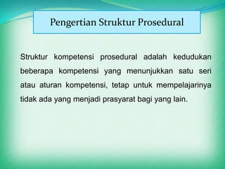 Pengertian Struktur Prosedural


Struktur kompetensi prosedural adalah kedudukan
beberapa kompetensi yang menunjukkan satu seri
atau aturan kompetensi, tetap untuk mempelajarinya
tidak ada yang menjadi prasyarat bagi yang lain.
 