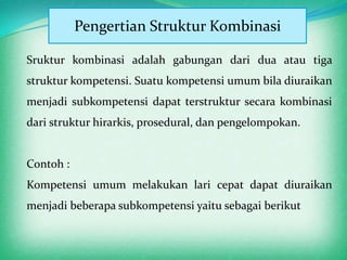 Pengertian Struktur Kombinasi

Sruktur kombinasi adalah gabungan dari dua atau tiga
struktur kompetensi. Suatu kompetensi umum bila diuraikan
menjadi subkompetensi dapat terstruktur secara kombinasi
dari struktur hirarkis, prosedural, dan pengelompokan.


Contoh :
Kompetensi umum melakukan lari cepat dapat diuraikan
menjadi beberapa subkompetensi yaitu sebagai berikut
 
