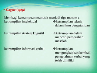 • Gagne (1979)

Membagi kemampuan manusia menjadi tiga macam ;
ketrampilan intelektual     ketrampilan teknis
                             dalam ilmu pengetahuan

ketrampilan strategi kognitif   ketrampilan dalam
                                 mencari pemecahan
                                 masalah

ketrampilan informasi verbal    ketrampilan
                                 mengungkapkan kembali
                                 pengetahuan verbal yang
                                 telah dimiliki
 