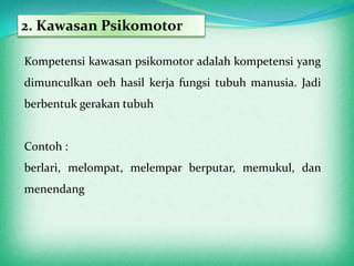 2. Kawasan Psikomotor

Kompetensi kawasan psikomotor adalah kompetensi yang
dimunculkan oeh hasil kerja fungsi tubuh manusia. Jadi
berbentuk gerakan tubuh


Contoh :
berlari, melompat, melempar berputar, memukul, dan
menendang
 