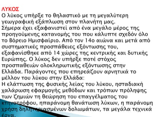 ΛΤΚΟ΢
Ο λύκορ τπήπξε σο θηλαςσικό με ση μεγαλύσεπη
γεψγπαυική εξάπλψςη ςσον πλανήση μαρ.
΢ήμεπα έφει εξαυανιςσεί από ένα μεγάλο μέπορ σηρ
πποηγούμενηρ κασανομήρ σοτ ποτ κάλτπσε ςφεδόν όλο
σο Βόπειο Ημιςυαίπιο. Από σον 14ο αιώνα και μεσά από
ςτςσημασικέρ πποςπάθειερ εξόνσψςηρ σοτ,
εξαυανίςθηκε από 14 φώπερ σηρ κενσπικήρ και δτσικήρ
Ετπώπηρ. Ο λύκορ δεν τπήπξε ποσέ ςσόφορ
πποςπαθειών ολοκληπψσικήρ εξόνσψςηρ ςσην
Ελλάδα. Παπάγονσερ ποτ επηπεάζοτν απνησικά σο
μέλλον σοτ λύκοτ ςσην Ελλάδα:
Η ελάσσψςη σηρ υτςικήρ λείαρ σοτ λύκοτ, ηςσαδιακή
φαλάπψςη ευαπμογήρ μεθόδψν και σπόπψν ππόληχηρ
σψν ζημιών ση θεώπηςη σοτ επαγγέλμασορ σοτ
κσηνοσπόυοτ, ηπαπάνομη θανάσψςη λύκψν, η παπάνομη
φπήςη δηλησηπιαςμένψν δολψμάσψν, σα μεγάλα σεφνικά
 