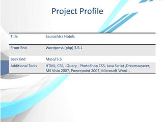 Project Profile
Title Saurashtra Hotels
Front End Wordpress (php) 3.5.1
Back End Mysql 5.5
Additional Tools HTML, CSS, JQuery , PhotoShop CS5, Java Script ,Dreamweaver,
MS Visio 2007, Powerpoint 2007, Microsoft Word .
 