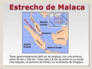 Tiene aproximadamente 800 km de longitud, con una anchura
entre 50 km y 320 km. Tiene sólo 2,8 km de ancho en su punto
más angosto, el estrecho de Philips, en el estrecho de Singapur.
 