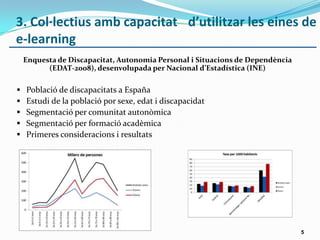 3. Col·lectius amb capacitat d’utilitzar les eines de
e-learning
Enquesta de Discapacitat, Autonomia Personal i Situacions de Dependència
(EDAT-2008), desenvolupada per Nacional d’Estadística (INE)
 Població de discapacitats a España
 Estudi de la població por sexe, edat i discapacidat
 Segmentació per comunitat autonòmica
 Segmentació per formació acadèmica
 Primeres consideracions i resultats
5
 