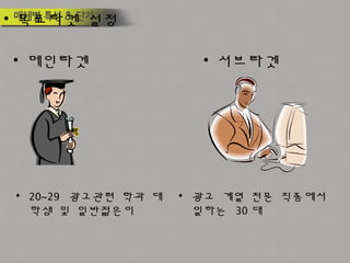 • 목표타겟 설정
• 메인타겟 • 서브타겟
• 20~29 광고관련 학과 대
학생 및 일반젊은이
• 광고 계열 전문 직종에서
일하는 30 대
 