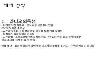 2. 라디오의특성
- 라디오가 전 가구에 100% 이상 보급되어 있음 .
-TV 보다 빠른 속보성
- 시간과 장소에 구애 받지 않기 때문에 청취 계층 광범위 .
- 청취자가 쉽게 참여가 가능함
- 시간대별 , 프로그램별 청취자층이 거의 구분되어 있어 광고 타켓에 따른
광고 효과를 정확 히 알 수 있음
예를 들면 , 젊은 연령대가 많이 듣는 나르샤의 볼륨을 높여요 , 슈주의 키스 더 라디오
매체 선택
 