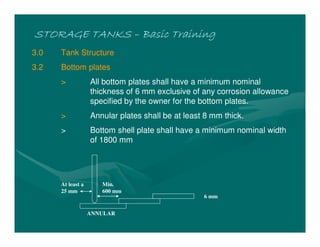 STORAGE TANKSSTORAGE TANKSSTORAGE TANKSSTORAGE TANKS –––– Basic TrainingBasic TrainingBasic TrainingBasic Training
3.0 Tank Structure
3.2 Bottom plates
> All bottom plates shall have a minimum nominal
thickness of 6 mm exclusive of any corrosion allowance
specified by the owner for the bottom plates.
> Annular plates shall be at least 8 mm thick.
> Bottom shell plate shall have a minimum nominal width
of 1800 mm
ANNULAR
Min.
600 mm
6 mm
At least a
25 mm
 