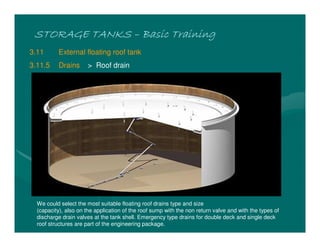 STORAGE TANKSSTORAGE TANKSSTORAGE TANKSSTORAGE TANKS –––– Basic TrainingBasic TrainingBasic TrainingBasic Training
3.11 External floating roof tank
3.11.5 Drains > Roof drain
We could select the most suitable floating roof drains type and size
(capacity), also on the application of the roof sump with the non return valve and with the types of
discharge drain valves at the tank shell. Emergency type drains for double deck and single deck
roof structures are part of the engineering package.
 