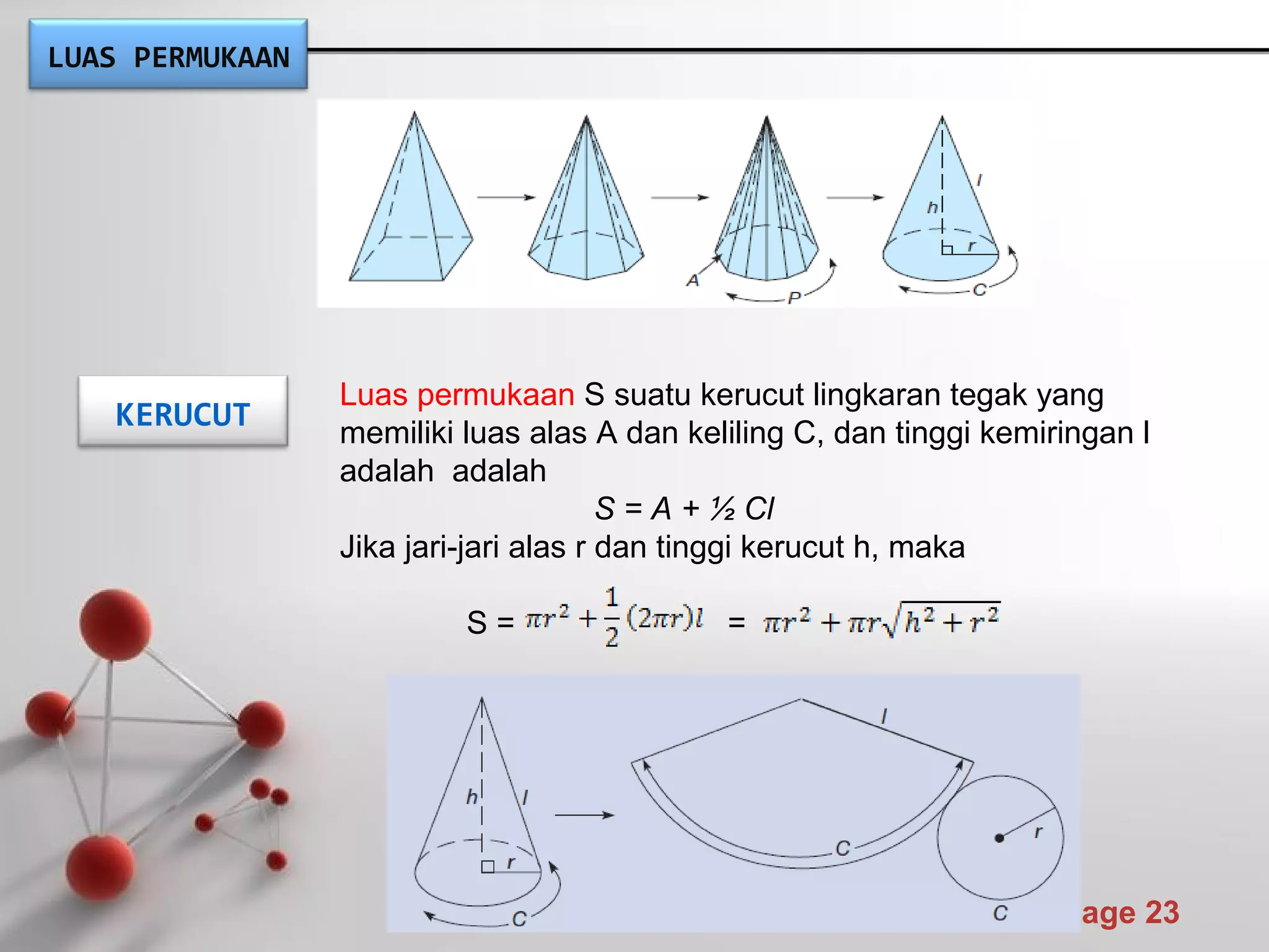 Powerpoint Templates
Page 23
KERUCUT
Luas permukaan S suatu kerucut lingkaran tegak yang
memiliki luas alas A dan keliling C, dan tinggi kemiringan l
adalah adalah
S = A + ½ Cl
Jika jari-jari alas r dan tinggi kerucut h, maka
S = =
LUAS PERMUKAAN
 