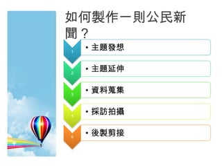 如何製作一則公民新
聞？
1
• 主題發想
2
• 主題延伸
3
• 資料蒐集
4
• 採訪拍攝
5
• 後製剪接
 