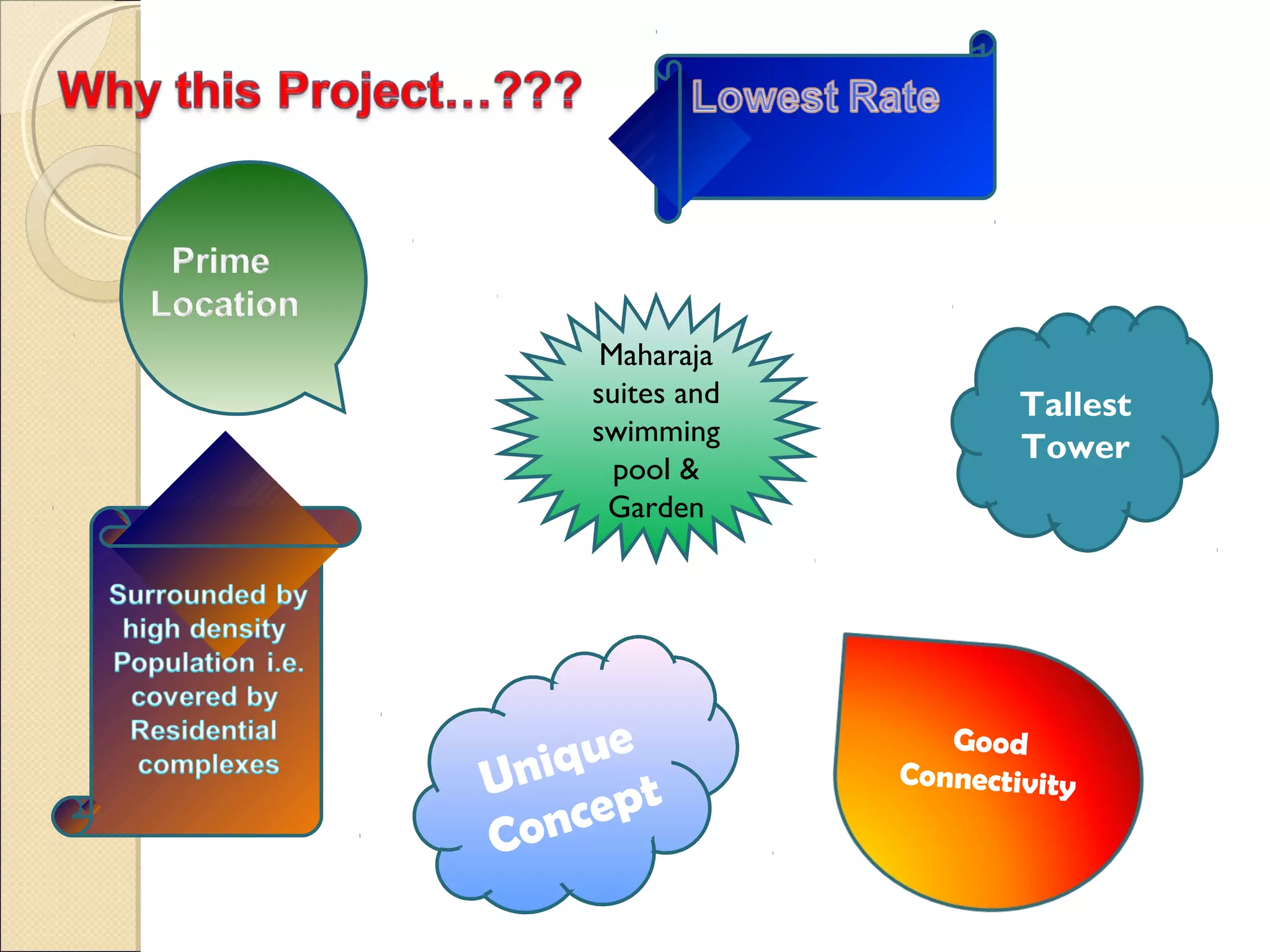 Unique
Concept
Good
Connectivity
Tallest
Tower
Maharaja
suites and
swimming
pool &
Garden
 