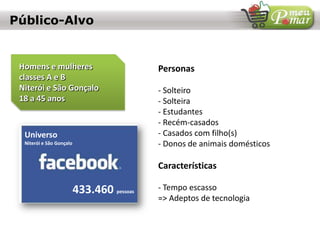 Público-Alvo
Personas
- Solteiro
- Solteira
- Estudantes
- Recém-casados
- Casados com filho(s)
- Donos de animais domésticos
Características
- Tempo escasso
=> Adeptos de tecnologia
Homens e mulheres
classes A e B
Niterói e São Gonçalo
18 a 45 anos
Universo
Niterói e São Gonçalo
433.460 pessoas
 