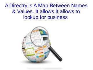 A Directry is A Map Between Names
& Values. It allows It allows to
lookup for business
 