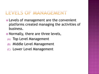  Levels of management are the convenient
platforms created managing the activities of
business.
 Normally, there are three levels,
(A) Top Level Management
(B) Middle Level Management
(C) Lower Level Management
 