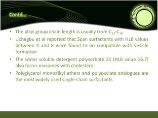 • The alkyl group chain length is usually from C12-C18
• Uchegbu et al reported that Span surfactants with HLB values
between 4 and 8 were found to be compatible with vesicle
formation
• The water soluble detergent polysorbate 20 (HLB value 16.7)
also forms niosomes with cholesterol
• Polyglycerol monoalkyl ethers and polyoxylate analogues are
the most widely used single-chain surfactants
 