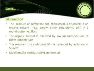 Film method
• The mixture of surfactant and cholesterol is dissolved in an
organic solvent (e.g. diethyl ether, chloroform, etc.) in a
round-bottomed flask
• The organic solvent is removed by low pressure/vacuum at
room temperature
• The resultant dry surfactant film is hydrated by agitation at
50-60oC
• Multilamellar vesicles (MLV) are formed
 