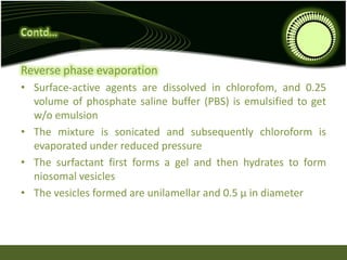 Reverse phase evaporation
• Surface-active agents are dissolved in chlorofom, and 0.25
volume of phosphate saline buffer (PBS) is emulsified to get
w/o emulsion
• The mixture is sonicated and subsequently chloroform is
evaporated under reduced pressure
• The surfactant first forms a gel and then hydrates to form
niosomal vesicles
• The vesicles formed are unilamellar and 0.5 μ in diameter
 