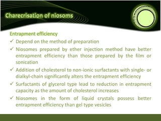 Entrapment efficiency
 Depend on the method of preparation
 Niosomes prepared by ether injection method have better
entrapment efficiency than those prepared by the film or
sonication
 Addition of cholesterol to non-ionic surfactants with single- or
dialkyl-chain significantly alters the entrapment efficiency
 Surfactants of glycerol type lead to reduction in entrapment
capacity as the amount of cholesterol increases
 Niosomes in the form of liquid crystals possess better
entrapment efficiency than gel type vesicles
 