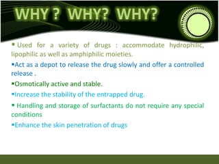  Used for a variety of drugs : accommodate hydrophilic,
lipophilic as well as amphiphilic moieties.
Act as a depot to release the drug slowly and offer a controlled
release .
Osmotically active and stable.
Increase the stability of the entrapped drug.
 Handling and storage of surfactants do not require any special
conditions
Enhance the skin penetration of drugs
 