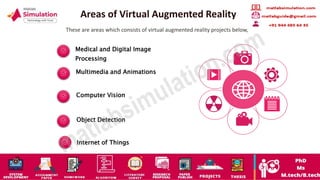 Areas of Virtual Augmented Reality
These are areas which consists of virtual augmented reality projects below,
Medical and Digital Image
Processing
Multimedia and Animations
Computer Vision
Object Detection
Internet of Things
 