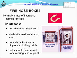 Far East Maritime Foundation, Inc.
Redo II Bldg., Remedios cor, Sn Marcelino Sts. Malate Manila
FIRE HOSE BOXES
Normally made of fiberglass
fabric or metals
Maintenance:
• periodic visual inspection
• wash with fresh water and
soap
• normal cracks occur at
hinges and locking catch
• racks should be checked
from freezing, and or paint
FEMFI-R-TD-015
Revision No.: 01
Date: 12-05-06
Approved by: CAS
Page 51 of 79
 