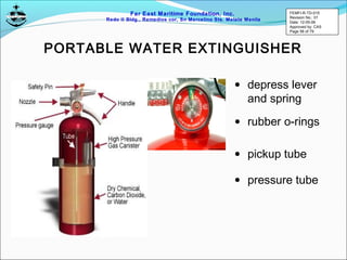 Far East Maritime Foundation, Inc.
Redo II Bldg., Remedios cor, Sn Marcelino Sts. Malate Manila
• depress lever
and spring
• rubber o-rings
• pickup tube
• pressure tube
PORTABLE WATER EXTINGUISHER
FEMFI-R-TD-015
Revision No.: 01
Date: 12-05-06
Approved by: CAS
Page 56 of 79
 