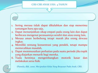 CIRI-CIRI ANAK USIA 4 TAHUN

1. Sering merasa tidak dapat dikalahkan dan siap menerima
tantangan baru apa saja,
2. Dapat menunjukkan sikap empati pada orang lain dan dapat
berbicara mengenai perasaannya sendiri dan atau orang lain,
3. Merasa aman berbohong tetapi marah jika orang dewasa
ingkar,
4. Memiliki rentang konsentrasi yang pendek, tetapi mampu
memecahkan masalah,
5. Dapat memmusatkan perhatian pada suatu periode jika topik
yang diajarkan menarik bagi mereka.
6. Tiada hentinya mengembangkan motorik kasar dan
melakukan sena fisik.
(Pamela, dkk. 2000. Meciptakan Kelas Yang Berpusat Pada Anak. CRI)

 
