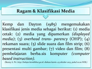 Ragam & Klasifikasi Media
Kemp dan Dayton (1985) mengemukakan
klasifikasi jenis media sebagai berikut: (1) media
cetak: (2) media yang dipamerkan (displayed
media); (3) overhead trans- parency (OHP); (4)
rekaman suara; (5) slide suara dan film strip; (6)
presentasi multi gambar; (7) video dan film; (8)
pembelajaran berba.sis komputer (computer
based instruction).
(Benny A. Pri .http://belajar.kemdikbut.go.id. diakses kamis ,03 oktober 2013. pukul 10.00 WIB.)

 