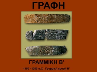 ΓΡΑΦΗ

ΓΡΑΜΜΙΚΗ Β’
1450 - 1200 π.Χ.: Γραμμική γραφή Β’

 