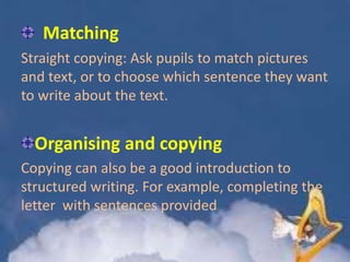 Matching
Straight copying: Ask pupils to match pictures
and text, or to choose which sentence they want
to write about the text.

Organising and copying
Copying can also be a good introduction to
structured writing. For example, completing the
letter with sentences provided

 