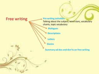 Free writing

Pre-writing activities:
Talking about the subject, word stars, vocabulary
chants, topic vocabulary
Dialogues
Descriptions
Letters
Stories
Summary od dos and don’ts on free writing

 