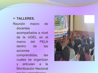 TALLERES.
Reunión
macro
de
docentes
acompañados a nivel
de la UGEL en el
marco del PELA
dentro
de
las
acciones
comprendidas,
las
cuales se organizan
y articulan a la
Movilización Nacional

 