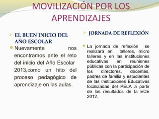 MOVILIZACIÓN POR LOS
APRENDIZAJES
 EL BUEN INICIO DEL

AÑO ESCOLAR
Nuevamente
nos
encontramos ante el reto
del inicio del Año Escolar
2013,como un hito del
proceso pedagógico de
aprendizaje en las aulas.

 JORNADA DE REFLEXIÓN
 La jornada de reflexión

se
realizará en
talleres, micro
talleres y en las instituciones
educativas
en
reuniones
públicas con la participación de
los
directores,
docentes,
padres de familia y estudiantes
de las Instituciones Educativas
focalizadas del PELA a partir
de los resultados de la ECE
2012.

 