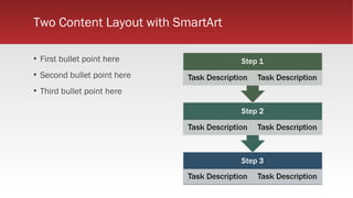 Two Content Layout with SmartArt
▪ First bullet point here
▪ Second bullet point here
▪ Third bullet point here

 