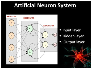 Artificial Neuron System

• Input layer
• Hidden layer
• Output layer

11

 