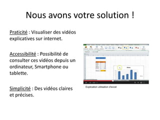Nous avons votre solution !
Praticité : Visualiser des vidéos
explicatives sur internet.
Accessibilité : Possibilité de
consulter ces vidéos depuis un
ordinateur, Smartphone ou
tablette.
Simplicité : Des vidéos claires
et précises.

 