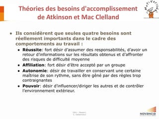 Théories des besoins d'accomplissement
de Atkinson et Mac Clelland
● Ils considèrent que seules quatre besoins sont
réellement importants dans le cadre des
comportements au travail :
● Réussite: fort désir d’assumer des responsabilités, d’avoir un
retour d’informations sur les résultats obtenus et d’affronter
des risques de difficulté moyenne
● Affiliation: fort désir d’être accepté par un groupe
● Autonomie: désir de travailler en conservant une certaine
maîtrise de son rythme, sans être gêné par des règles trop
contraignantes
● Pouvoir: désir d’influencer/diriger les autres et de contrôler
l’environnement extérieur.

GRH – Master1
E. Debertrand

 