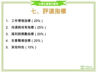 企業社會責任獎項

七、評選指標
1. 工作環境指標（20%）

2. 待遇與培育指標（25%）
3. 福利與獎勵指標（20%）
4. 友善職場指標（20%）
5. 其他特色（15%）

 