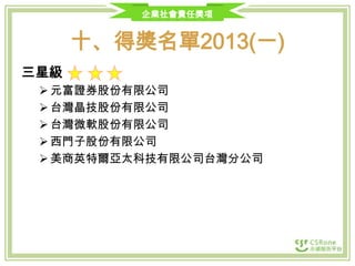 企業社會責任獎項

十、得獎名單2013(一)
三星級
 元富證券股份有限公司
 台灣晶技股份有限公司
 台灣微軟股份有限公司
 西門子股份有限公司
 美商英特爾亞太科技有限公司台灣分公司

 