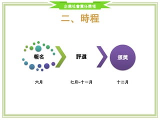 企業社會責任獎項
二、時程
報名
七月
評選
七月~十一月
頒獎
十二月
 