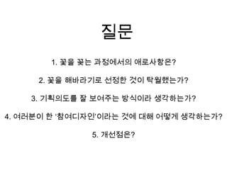 질문
1. 꽃을 꽂는 과정에서의 애로사항은?
2. 꽃을 해바라기로 선정한 것이 탁월했는가?
3. 기획의도를 잘 보여주는 방식이라 생각하는가?
4. 여러분이 한 ‘참여디자인’이라는 것에 대해 어떻게 생각하는가?
5. 개선점은?

 