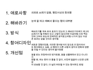 1. 애로사항

의외로 쓰레기 없음, 행인시선의 창피함

2. 해바라기

눈에 잘 띄고 예뻐서 좋다는 평이 대부분

3. 방식

해바라기를 계속 봐야 효과가 있는데 그 해바라기자체가 제 2의
쓰레기가 될 위험이 있고 그렇지 않으려면 지금처럼 사진 찍는
것에 그쳐야 하는데 전체적인 공익광고처럼 나가지 않는 이상
큰 효과는 없을 것이라 생각됨

4. 참여디자인 새로운 경험이었음, 이러한 참여방식이 앞으로 더 많아져서
5. 개선점

또 참여해보고 싶음, 내 행위가 다른 사람의 생각의 변화에 영향
을 미칠 수 있다는 생각에 즐거웠음
꽃을 받는 과정에서의 번거로움, 꽃을 선물해줘서 갖고 다니다
가
편할 때, 하는 편이 더 좋을 것 같다, 사진에 얼굴이 나오면 신뢰
감
이 상승할 것 같다, 더 널리 퍼뜨릴 수 있는 참여유도 방법

 