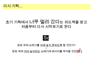 다시 기획…

초기 기획에서 너무 멀리 갔다는 피드백을 받고
처음부터 다시 시작하기로 한다

So
담장 위에 쓰레기를 아예 놓지 못하도록 할 것인가?
/
담장 위에 이미 놓여있는 쓰레기에 메시지를 부여할 것인가? ]
[

 