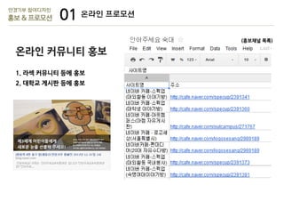 안경기부 참여디자인

홍보 & 프로모션

01 온라인 프로모션
(홍보채널 목록)

온라인 커뮤니티 홍보
1. 라섹 커뮤니티 등에 홍보
2. 대학교 게시판 등에 홍보

 