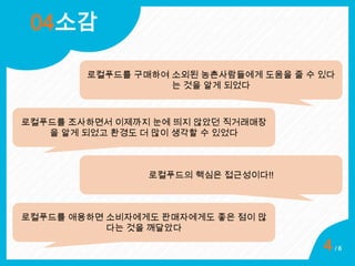 04소감
로컬푸드를 구매하여 소외된 농촌사람들에게 도움을 줄 수 있다
는 것을 알게 되었다

로컬푸드를 조사하면서 이제까지 눈에 띄지 않았던 직거래매장
을 알게 되었고 환경도 더 많이 생각할 수 있었다

로컬푸드의 핵심은 접근성이다!!

로컬푸드를 애용하면 소비자에게도 판매자에게도 좋은 점이 많
다는 것을 깨달았다

4

/6

 