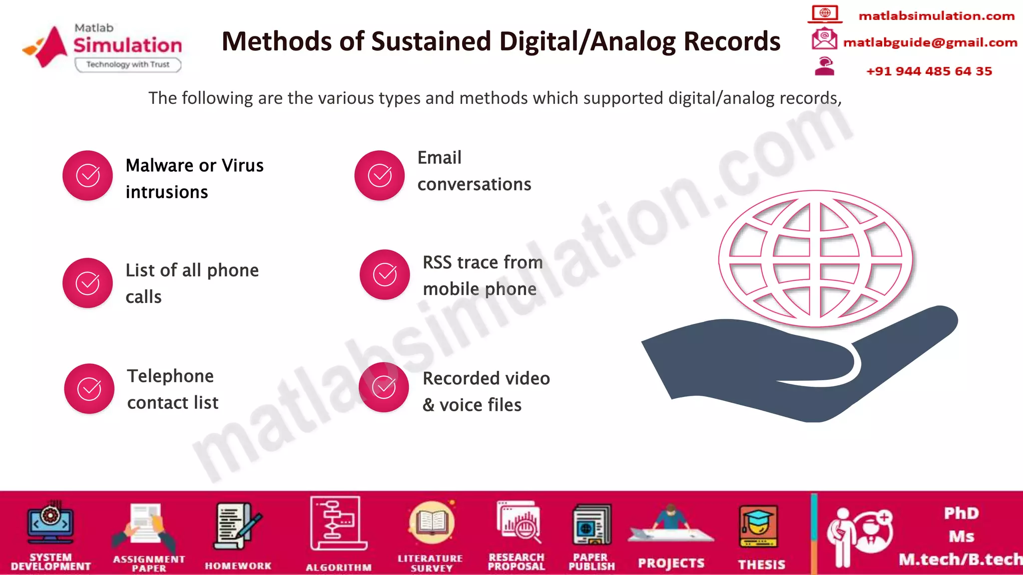 Methods of Sustained Digital/Analog Records
The following are the various types and methods which supported digital/analog records,
Malware or Virus
intrusions
Email
conversations
List of all phone
calls
RSS trace from
mobile phone
Telephone
contact list
Recorded video
& voice files