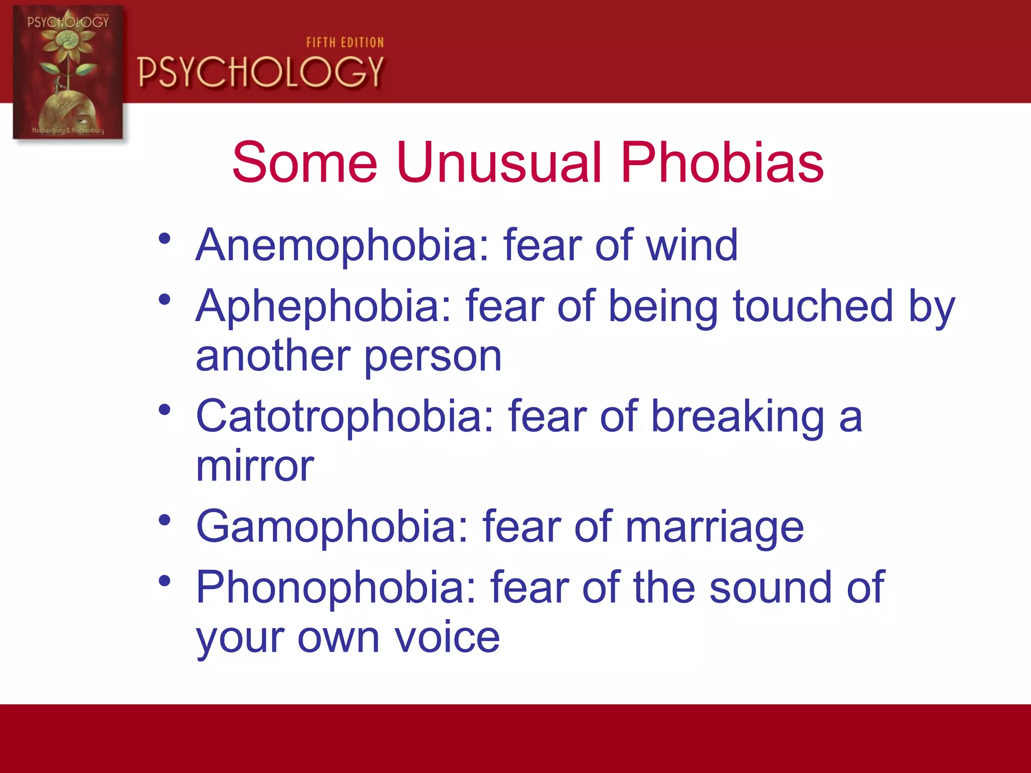 Some Unusual Phobias
• Anemophobia: fear of wind
• Aphephobia: fear of being touched by
another person
• Catotrophobia: fear of breaking a
mirror
• Gamophobia: fear of marriage
• Phonophobia: fear of the sound of
your own voice
 