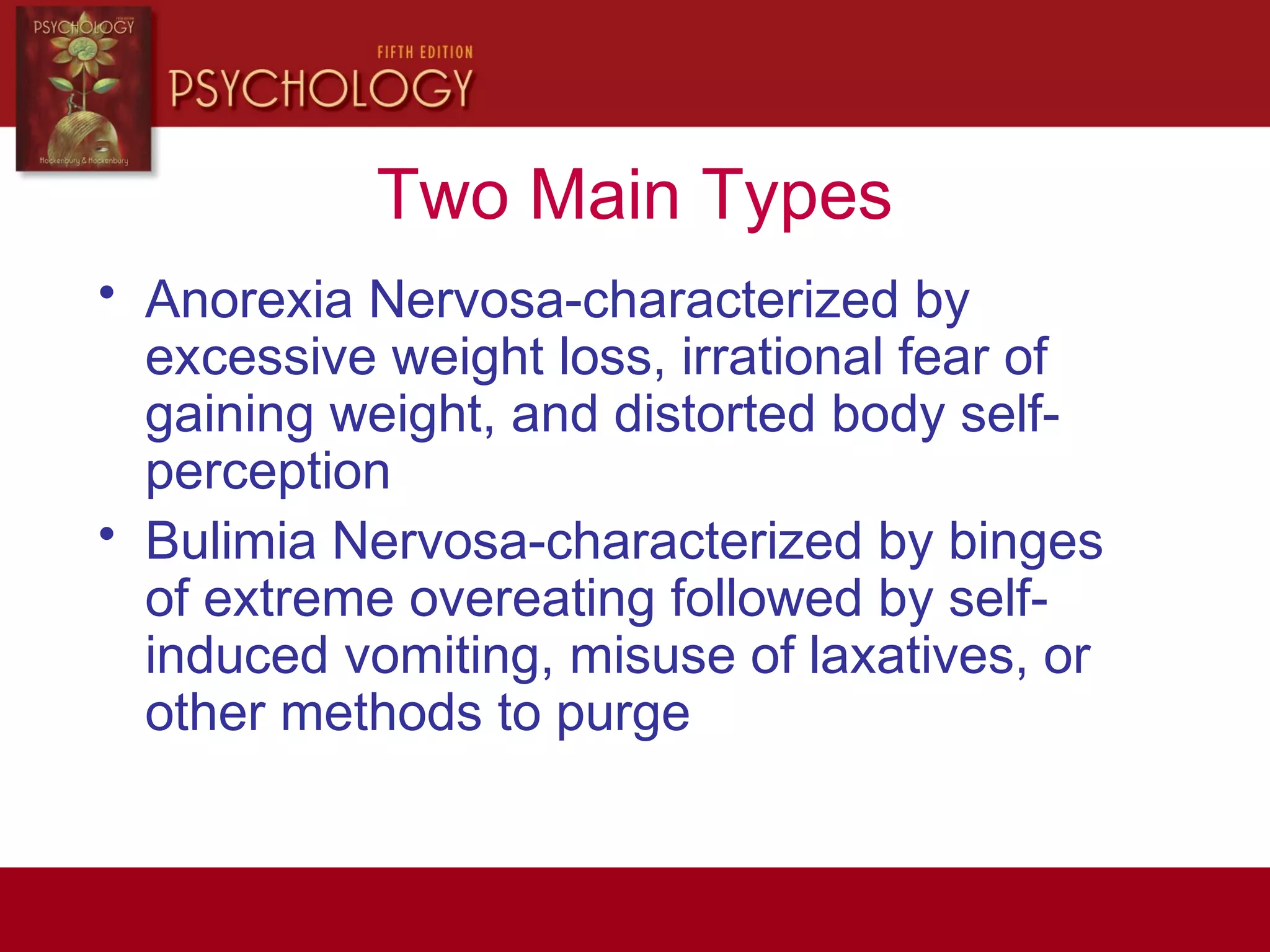 Two Main Types
• Anorexia Nervosa-characterized by
excessive weight loss, irrational fear of
gaining weight, and distorted body self-
perception
• Bulimia Nervosa-characterized by binges
of extreme overeating followed by self-
induced vomiting, misuse of laxatives, or
other methods to purge
 