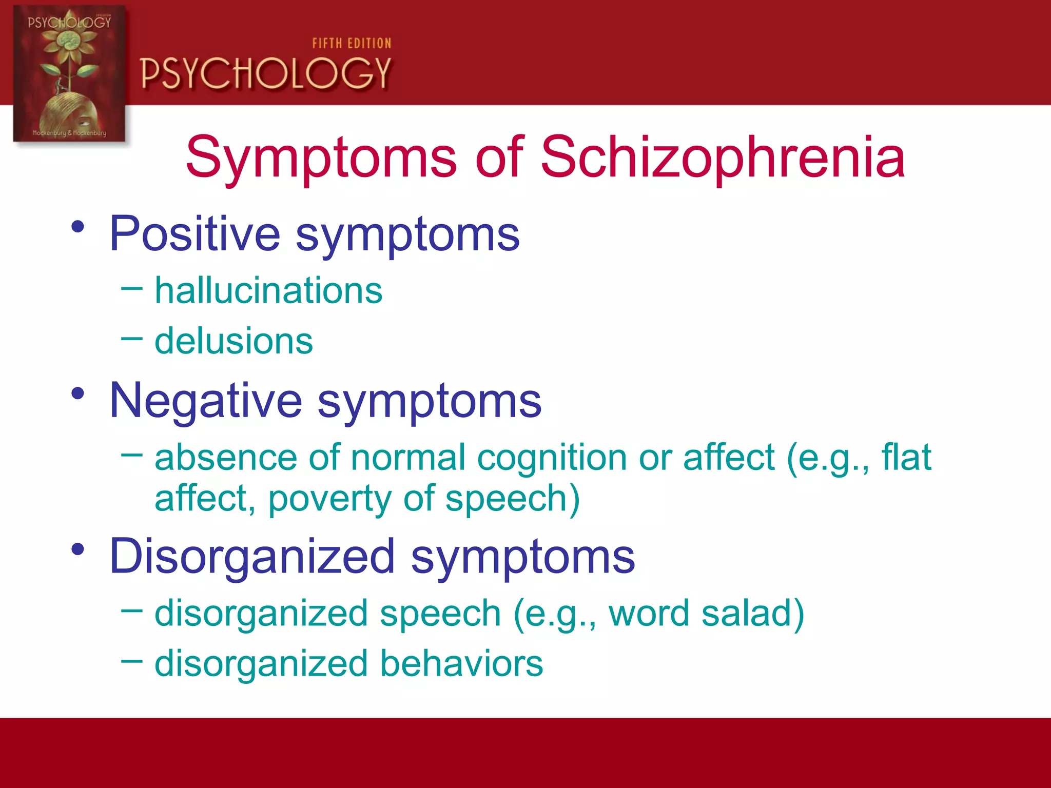 Symptoms of Schizophrenia
• Positive symptoms
– hallucinations
– delusions
• Negative symptoms
– absence of normal cognition or affect (e.g., flat
affect, poverty of speech)
• Disorganized symptoms
– disorganized speech (e.g., word salad)
– disorganized behaviors
 